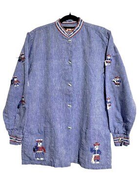 Vintage Mayan Modern Shacket Shirt Jacket Womens Hand-Woven Embroidered Blue Cot